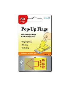 Stick'n™ Repositionable Pop Up Flags. Sign Here. Yellow. 45 x 25mm. Pad of 50 sheets