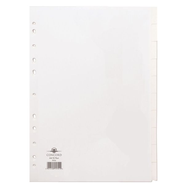 Concord Subject Divider. White. A4 11 holes. 10 Part