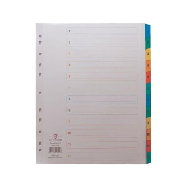 Concord Index A4 Extra Wide. Numeric 1-12. White with Multi coloured tabs. CS98