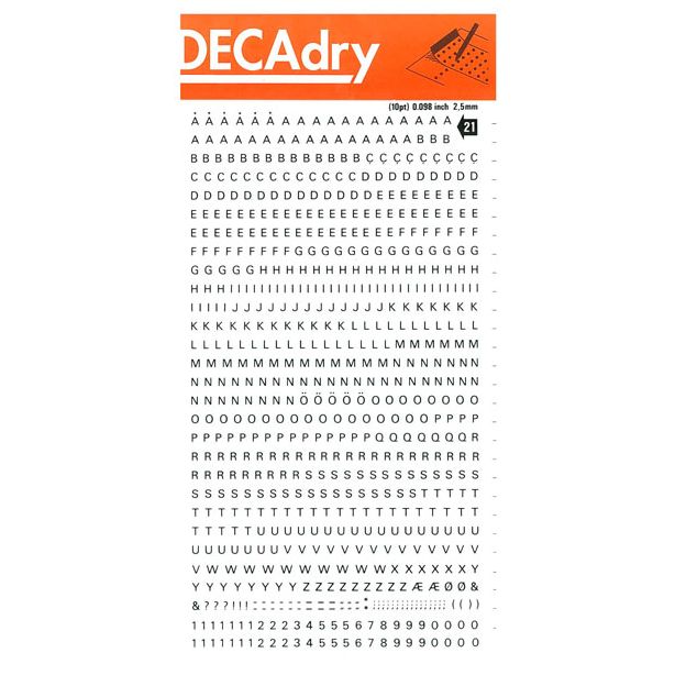 Decadry Transfers No21, 10pt, 2.5mm, 0.098inch, Black, Pack of 12 sheets