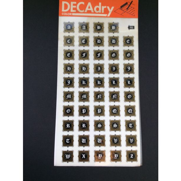 Decadry Super Transfers No703, Old English White on Black Capital Letters with Gold Frame