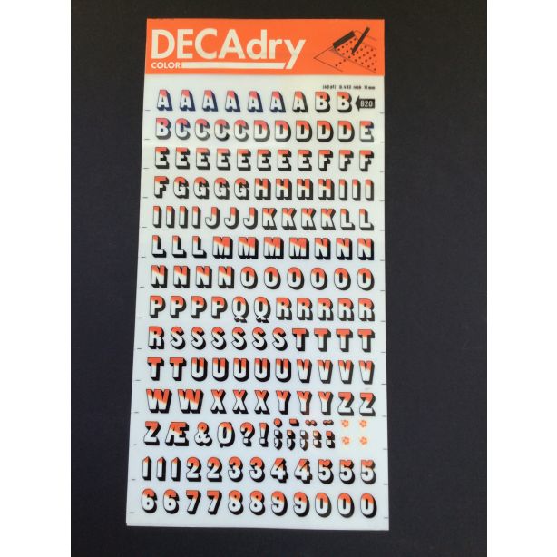 Decadry Super Transfers No820, Black outline, Red & White 40pt, 11mm, 0.433inch Letters