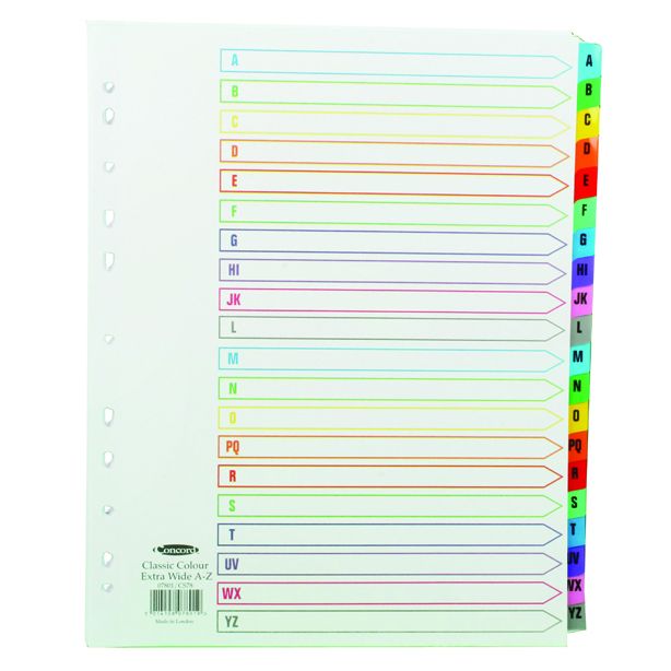 Concord Index A4 Extra Wide. Alphabetical A-Z 20 part. White with Multi coloured tabs.CS78