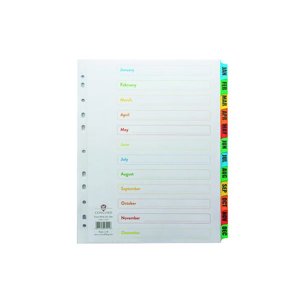 Concord Index A4 Extra Wide. Calendar Jan-Dec. White with Multi coloured tabs.CS79