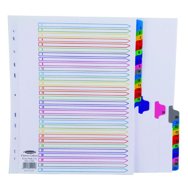 Concord Index A4 Extra Wide. Numeric 1-31. White with Multi coloured tabs.CS100