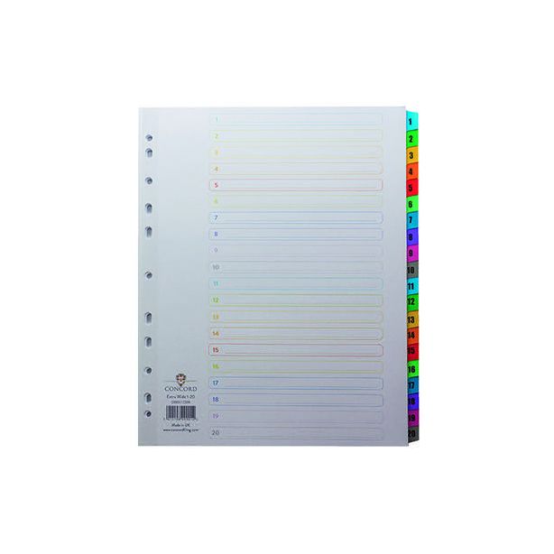 Concord Index A4 Extra Wide Numeric 1-20. White with Multi coloured tabs CS99