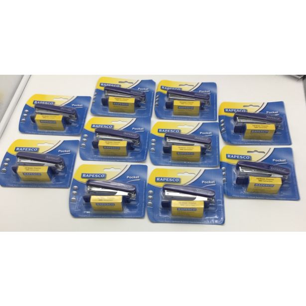 Ten Rapesco Pocket Staplers, Blue including 1,000 staples with each stapler