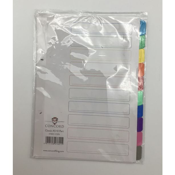 Concord A5 Index 10 Part White with Multicoloured Tabs