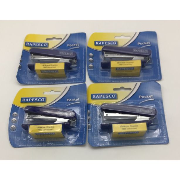 Four Rapesco Pocket Staplers, Blue including 1,000 staples with each stapler