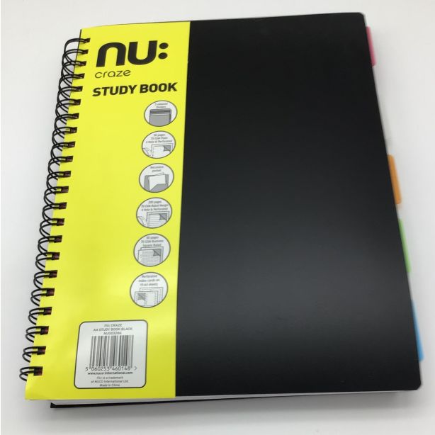 Nu: Craze A4 Black Study Book with 5 Coloured Dividers