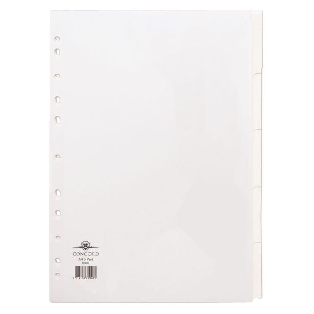 Concord Subject Divider. White. A4 11 holes. 5 Part