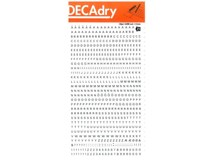 Decadry Transfers No21, 10pt, 2.5mm, 0.098inch, Black, Pack of 12 sheets